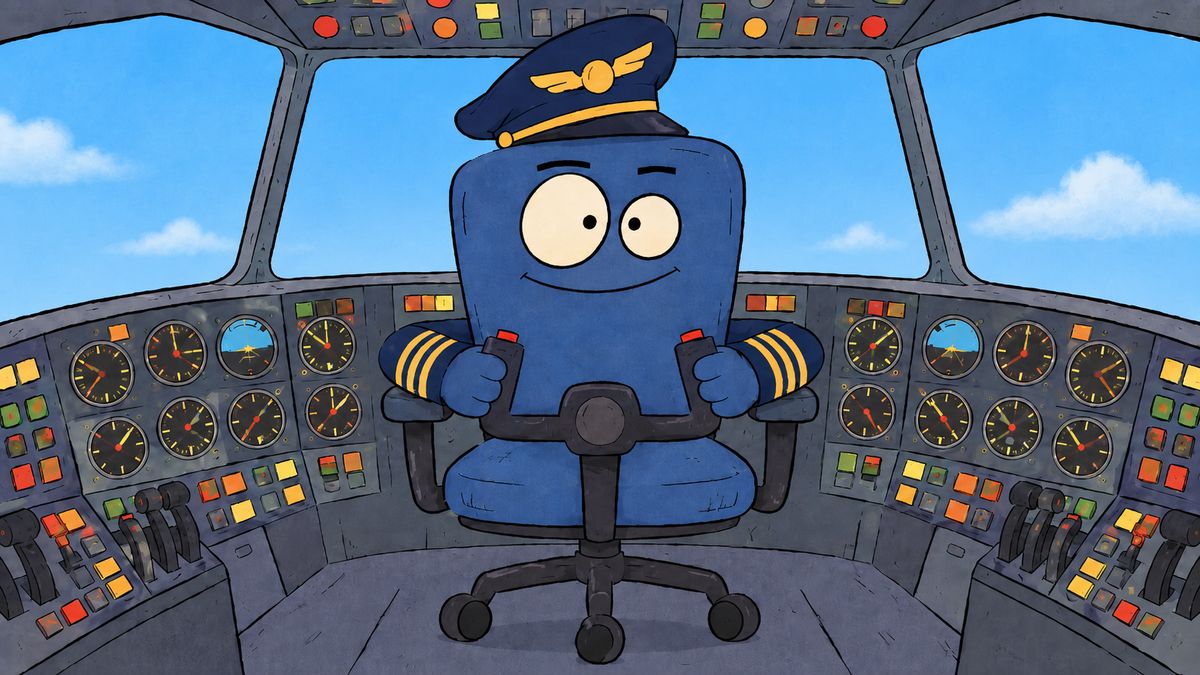 快晴の空を背景に、計器がすべて揃った操縦席で、機長帽をかぶったオフィスチェアが落ち着いて操縦しているイラスト